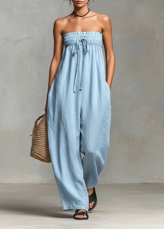 Floro Strapless Ruch Jumpsuit In Blue