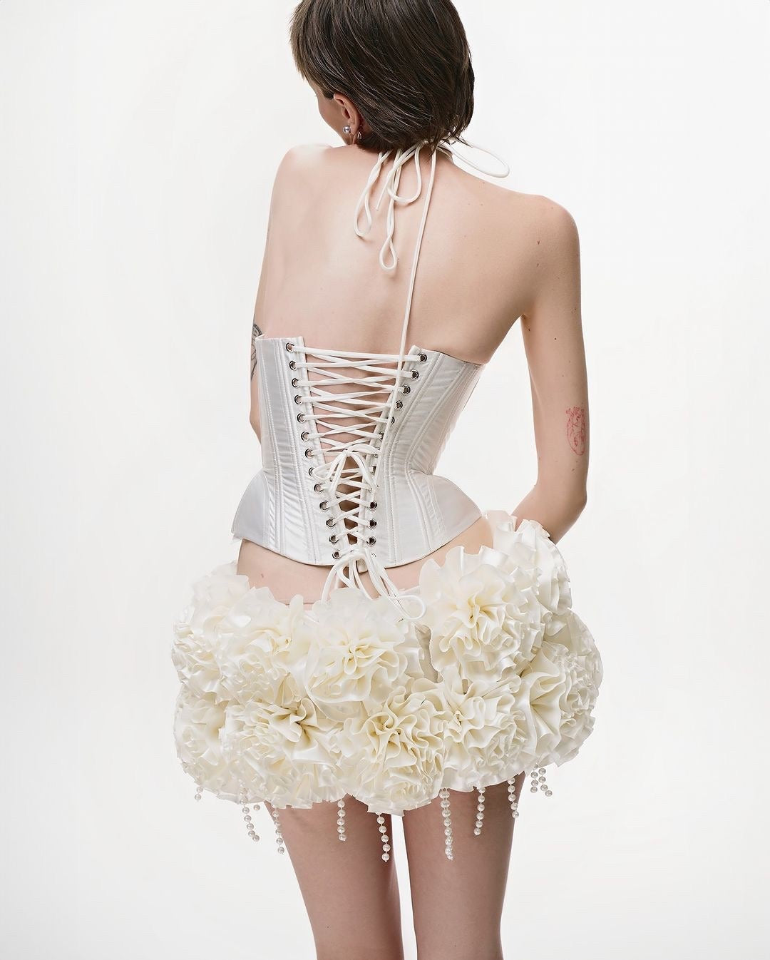 Hepsie Corset Flower Lace Up Mini Skirt Set