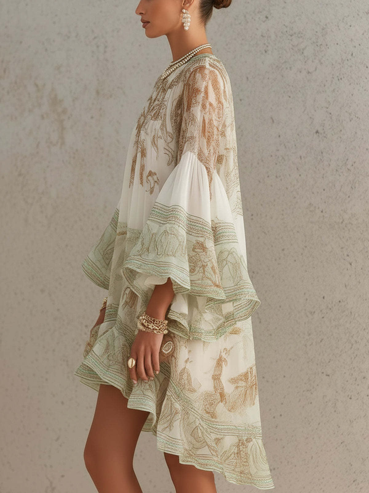 Ikbal Bell Sleeve Print Ruffle Mini Dress