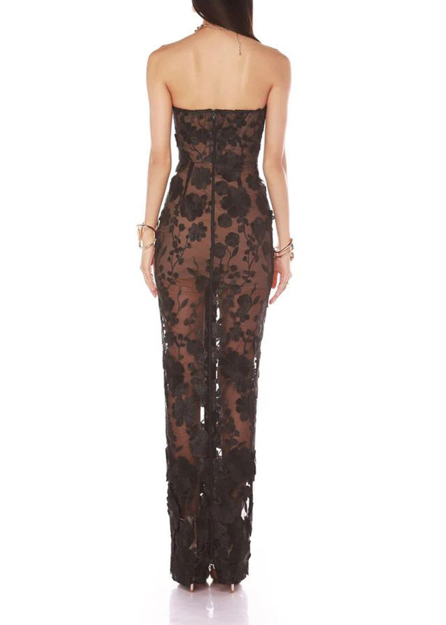 Denice Strapless Flower Maxi Dress In Black