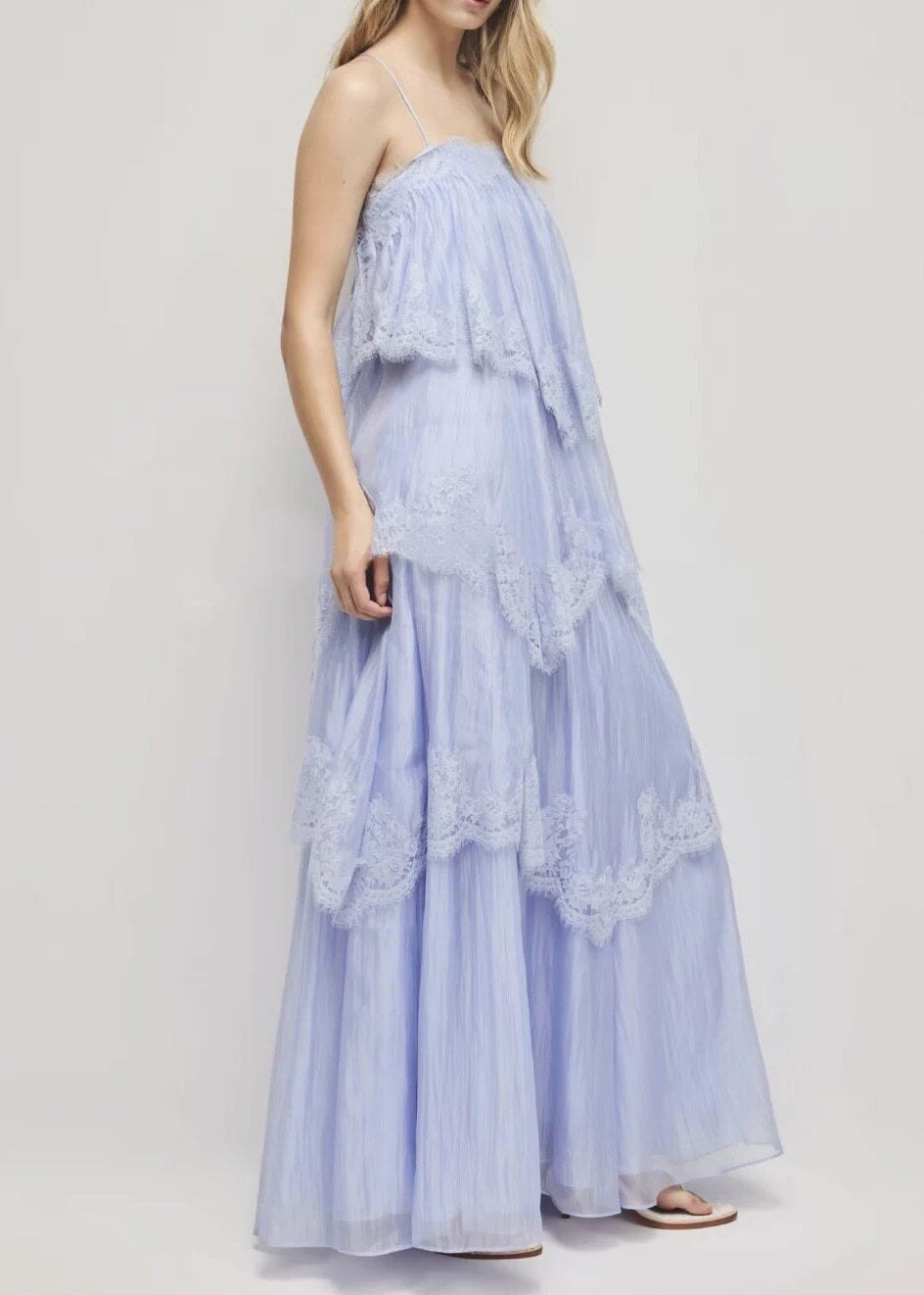 Elric Spaghetti Hayley Lace Maxi Tiered Dress In Blue