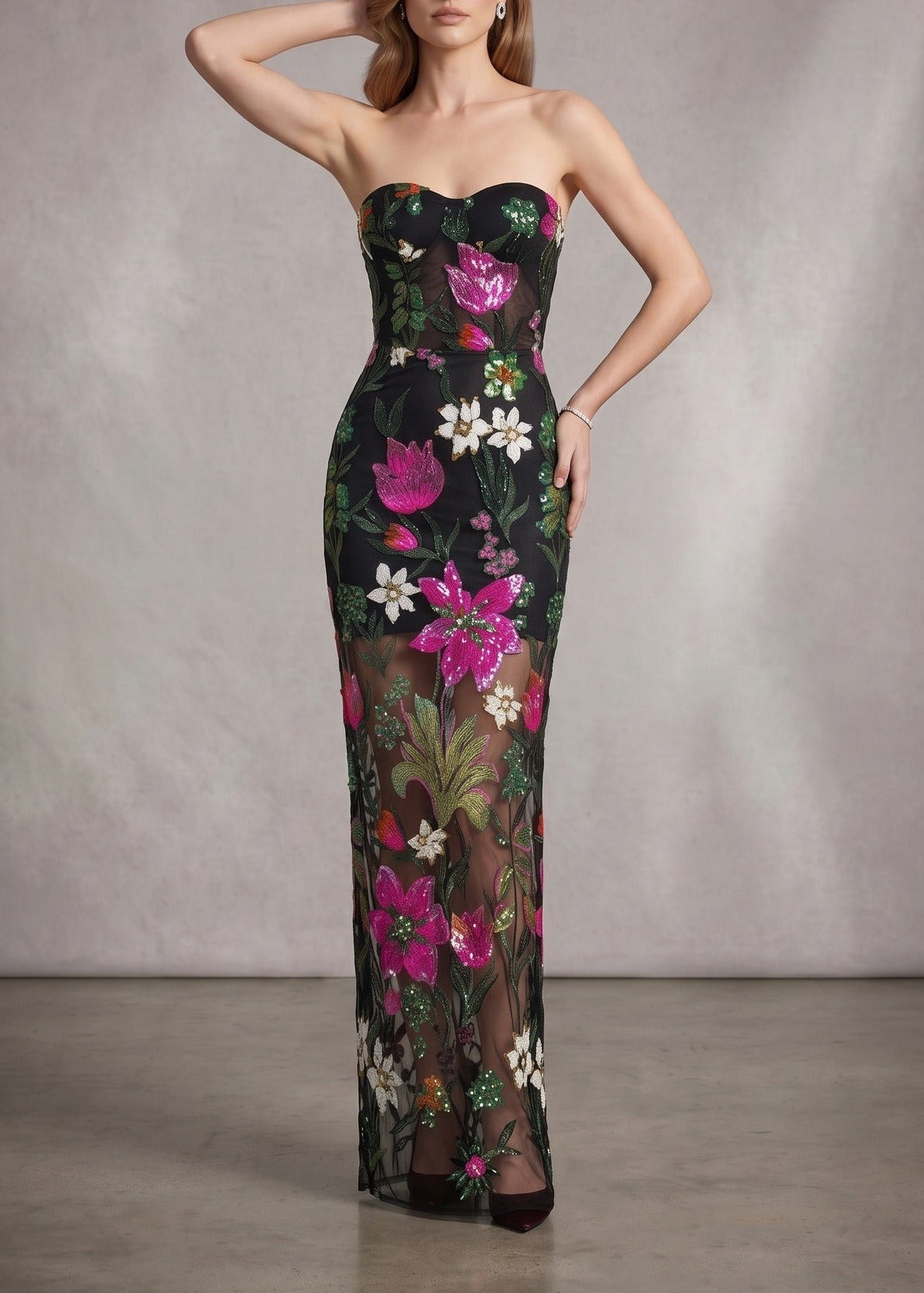 Denice Sequin Floral Mesh Maxi Dress