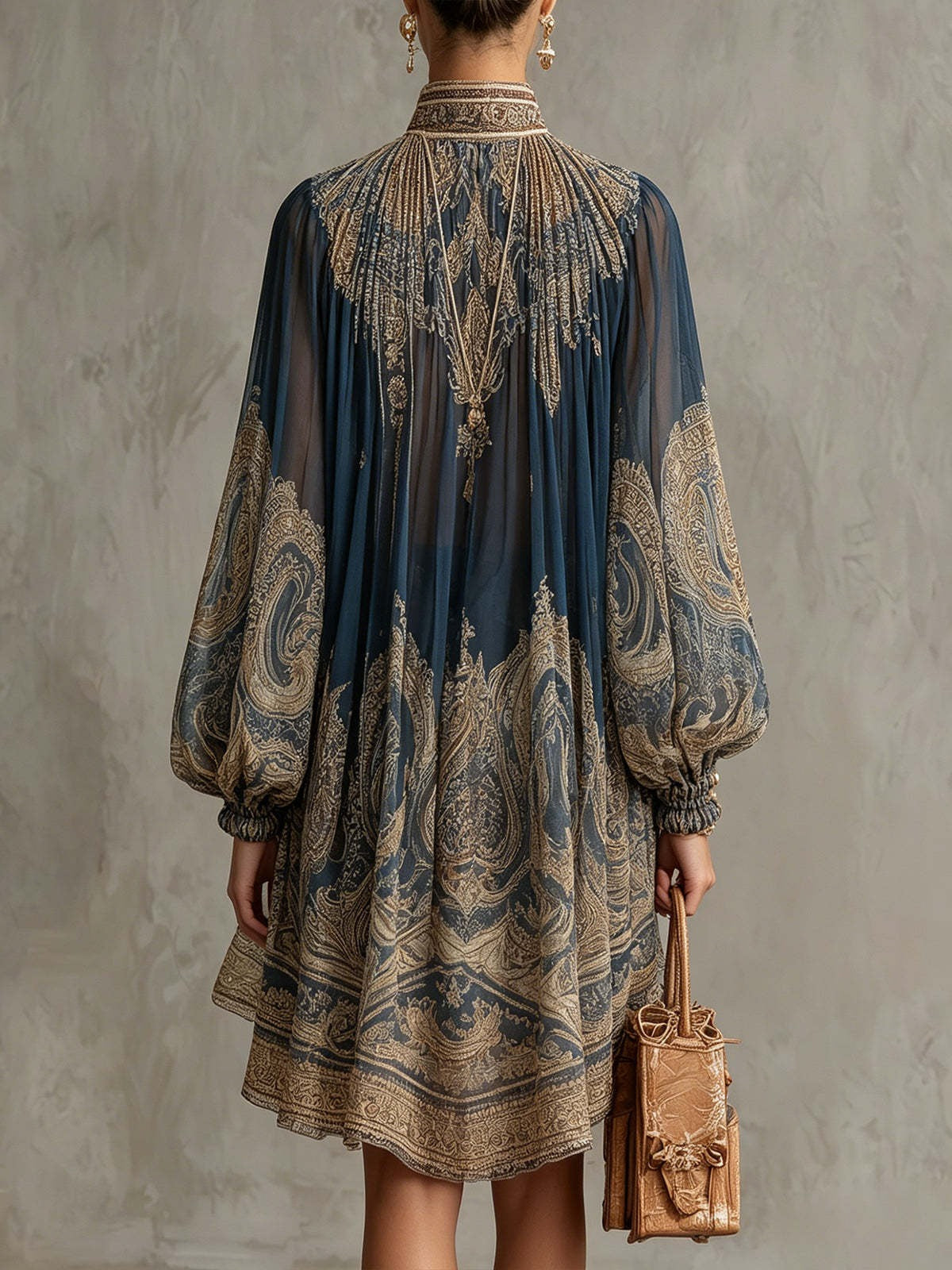 Ilhami Bell Sleeve Print Ruffle Mini Dress In Dark Blue