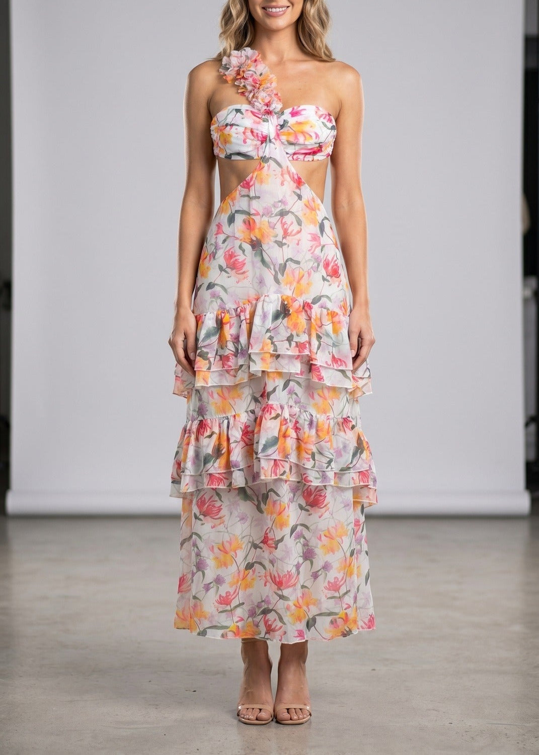 Ilqar One Shoulder Cutout Floral Maxi Dress