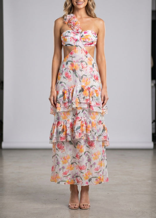 Ilqar One Shoulder Cutout Floral Maxi Dress