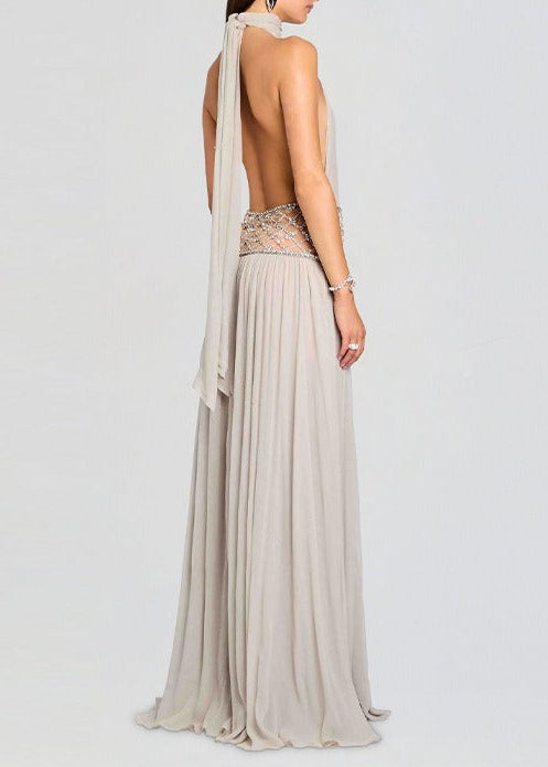 Fredrick Halterneck Ruched Crystal Split Maxi Dress