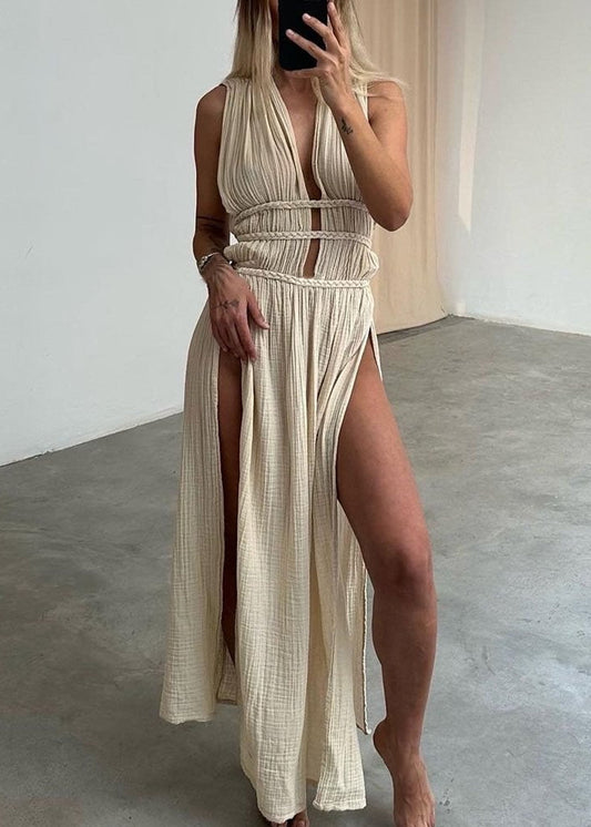 Ilina Halter Neck Tie Up Ruch Maxi Dress