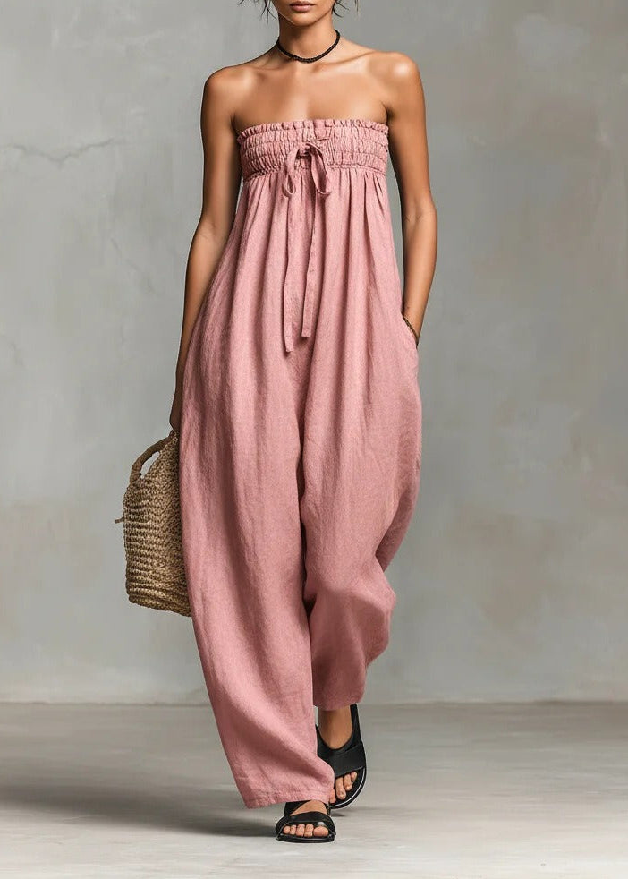 Floro Strapless Ruch Jumpsuit In Blush