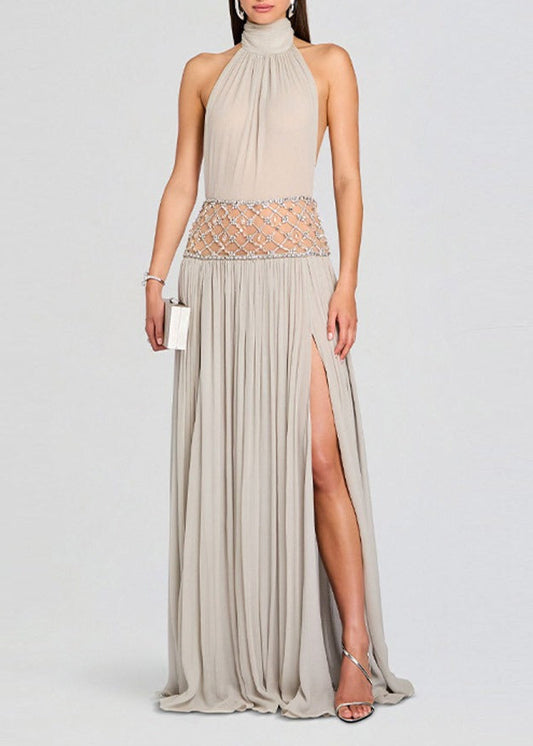 Fredrick Halterneck Ruched Crystal Split Maxi Dress