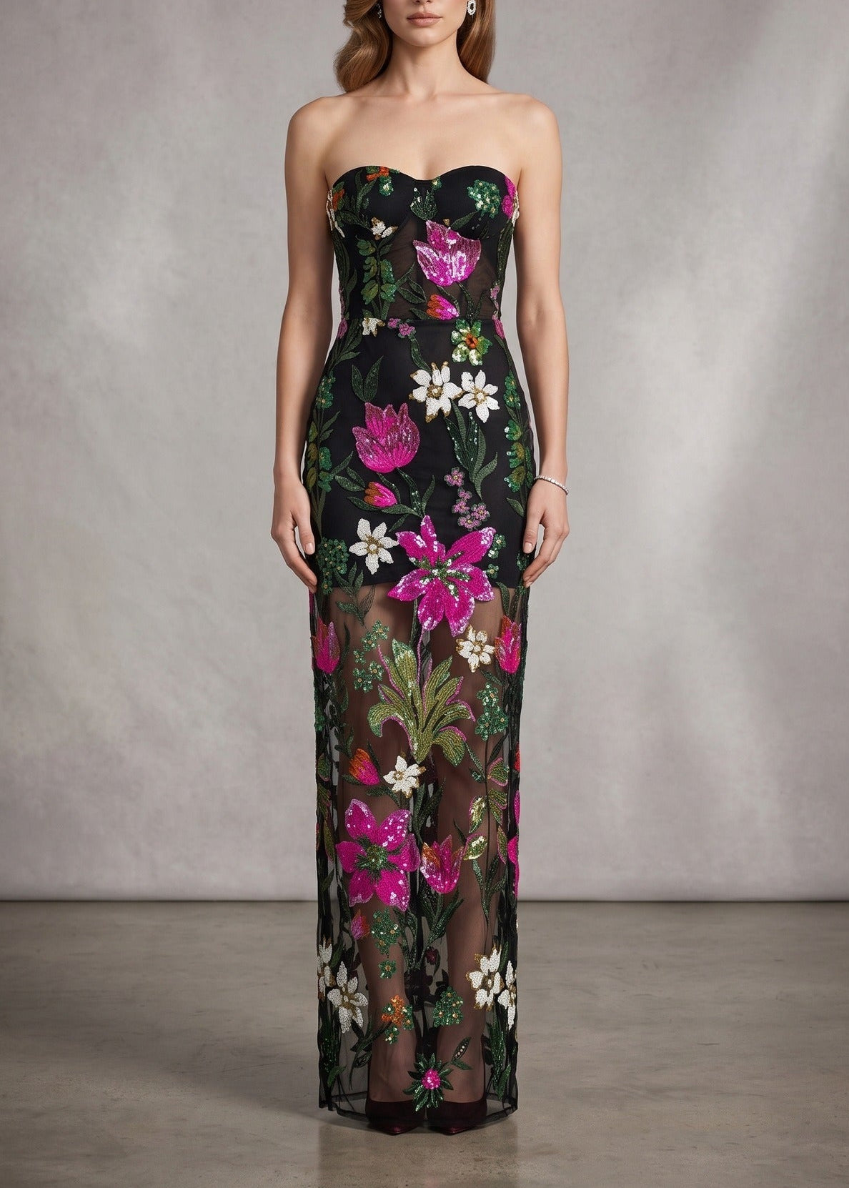 Denice Sequin Floral Mesh Maxi Dress