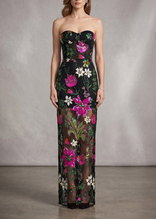 Denice Sequin Floral Mesh Maxi Dress