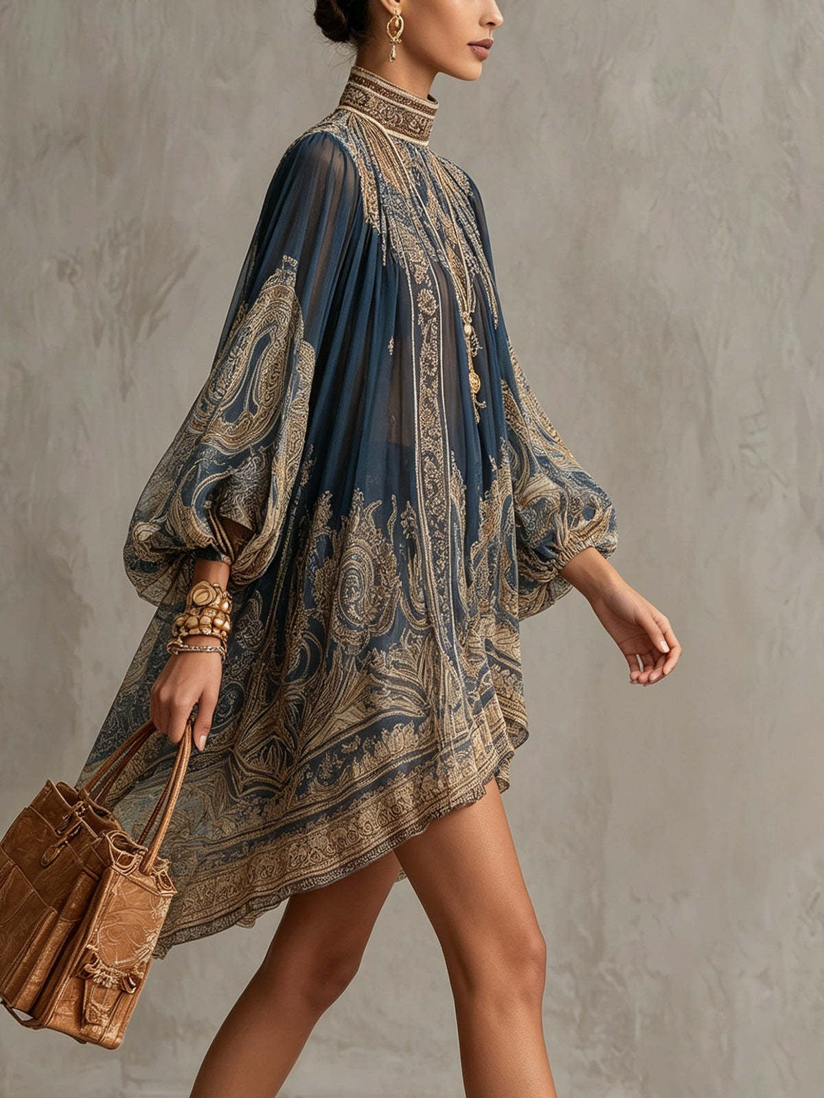 Ilhami Bell Sleeve Print Ruffle Mini Dress In Dark Blue