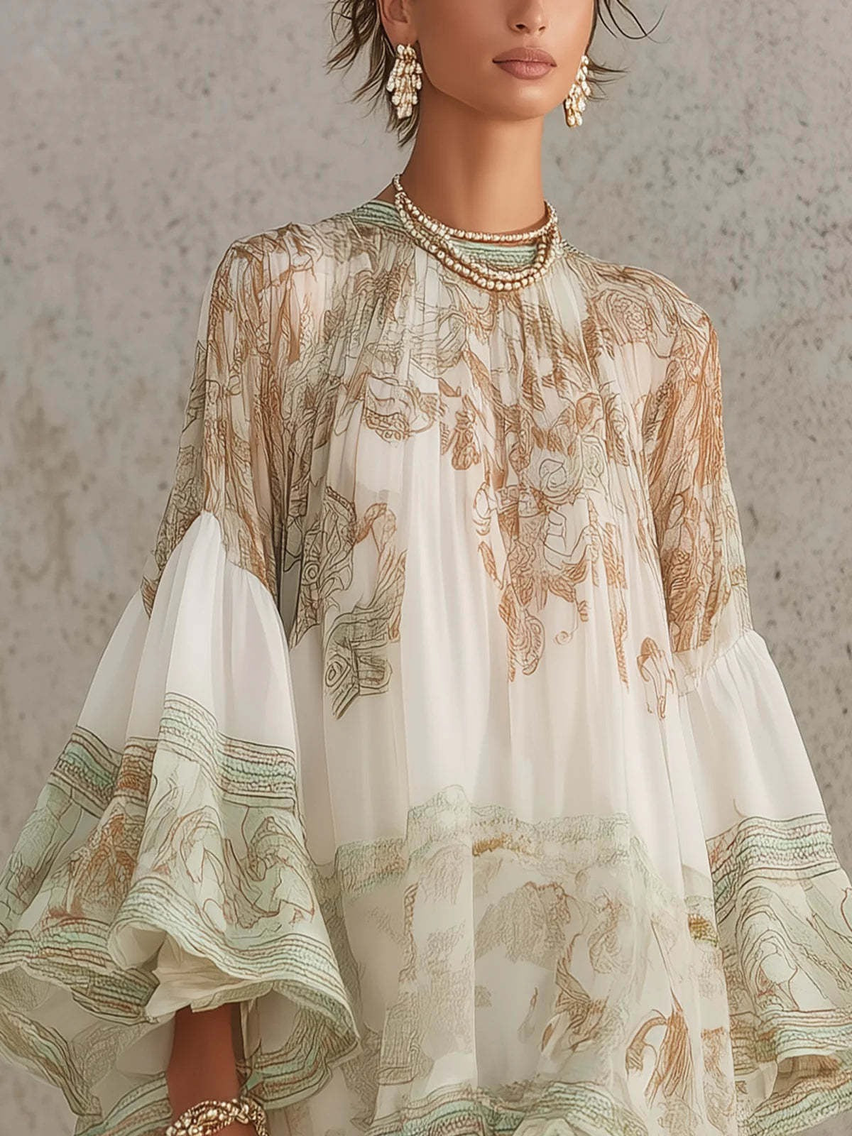 Ikbal Bell Sleeve Print Ruffle Mini Dress