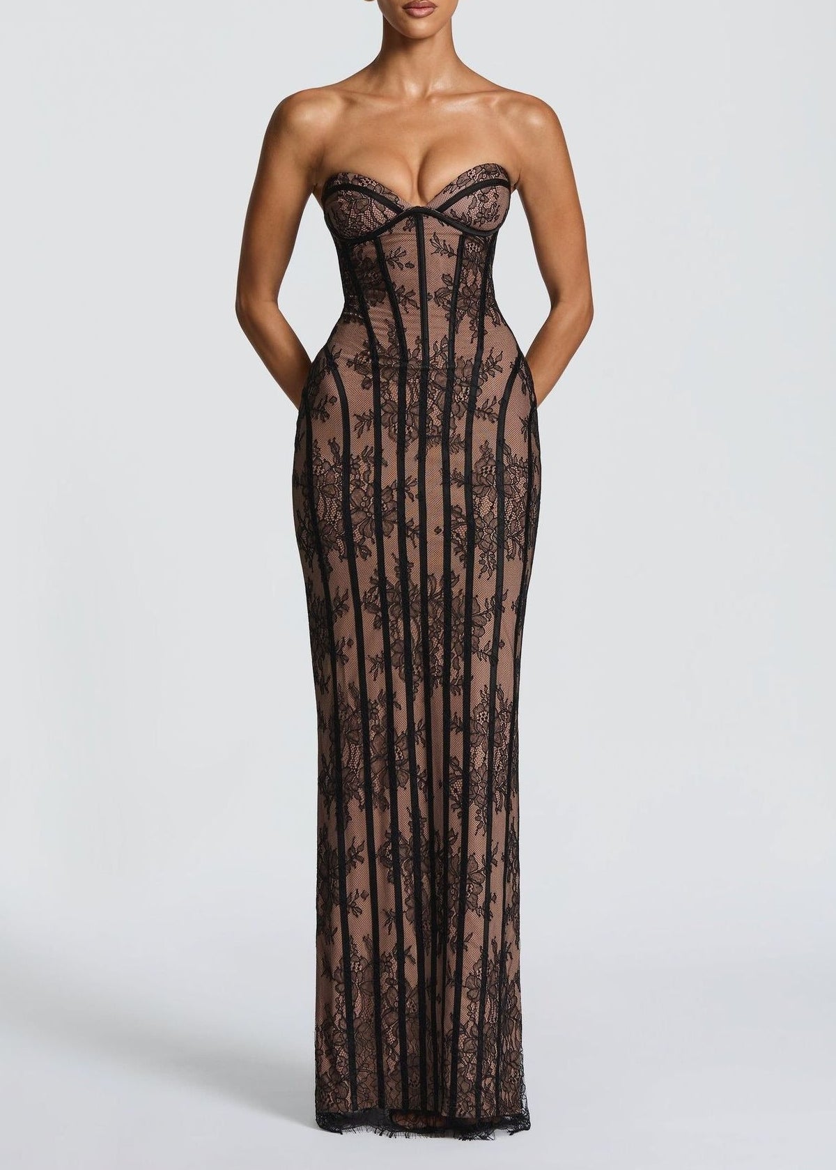 Haakon Strapless Lace Bodycon Maxi Dress In Black