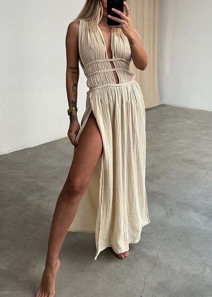 Ilina Halter Neck Tie Up Ruch Maxi Dress