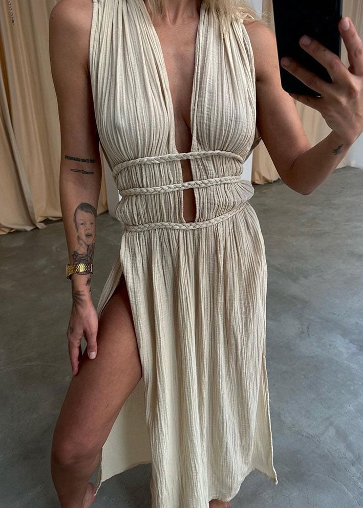 Ilina Halter Neck Tie Up Ruch Maxi Dress
