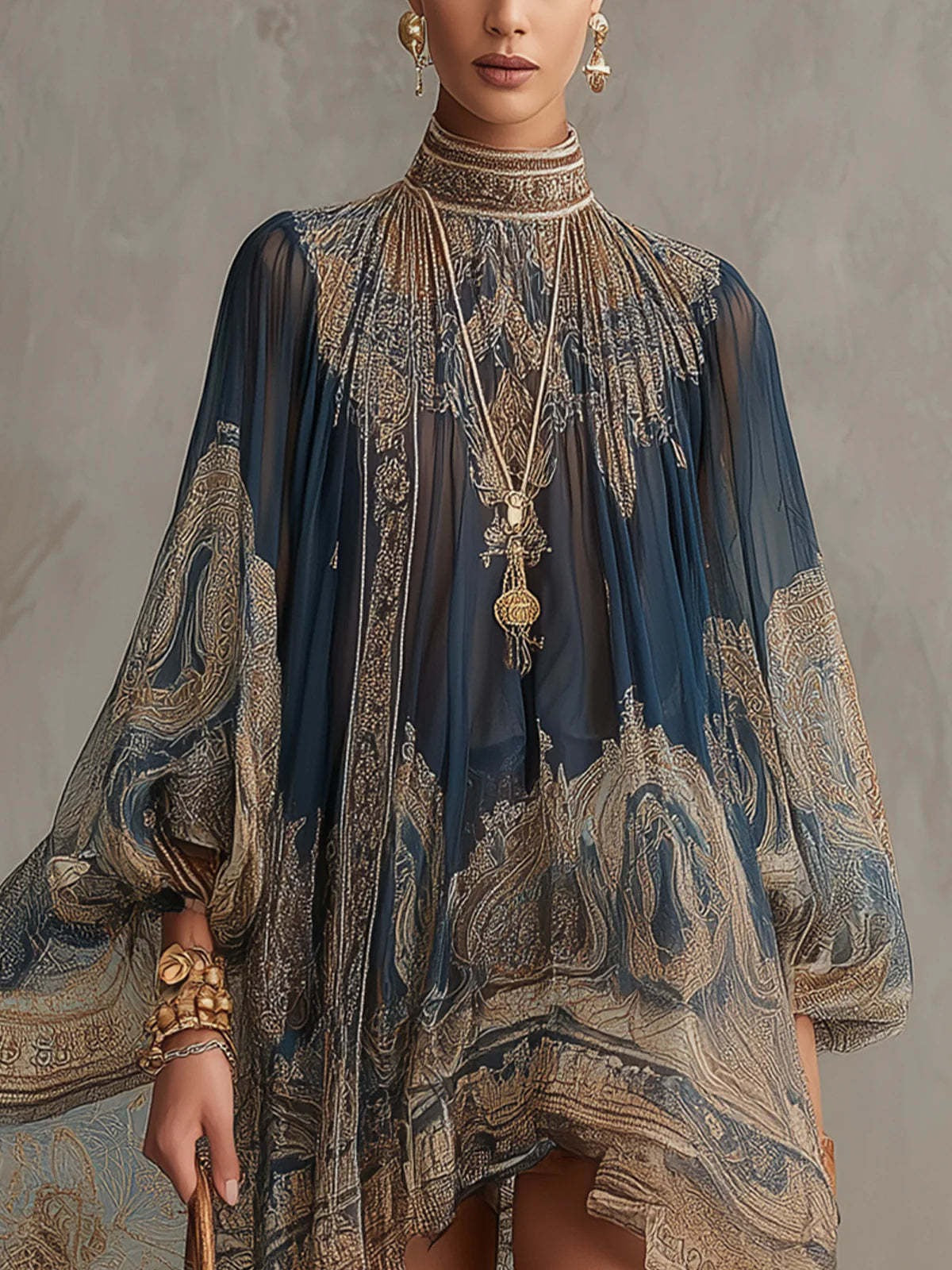 Ilhami Bell Sleeve Print Ruffle Mini Dress In Dark Blue