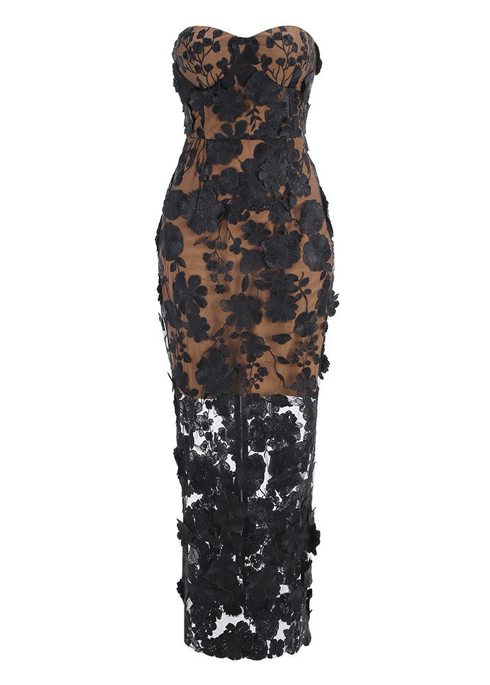 Denice Strapless Flower Maxi Dress In Black
