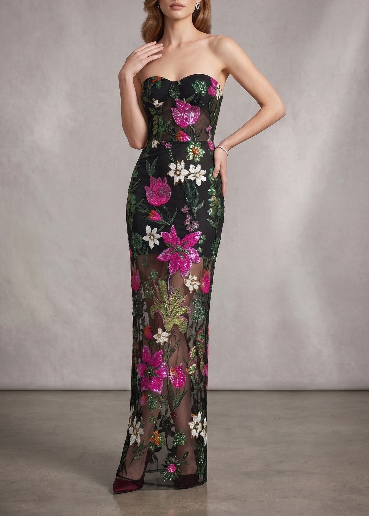 Denice Sequin Floral Mesh Maxi Dress