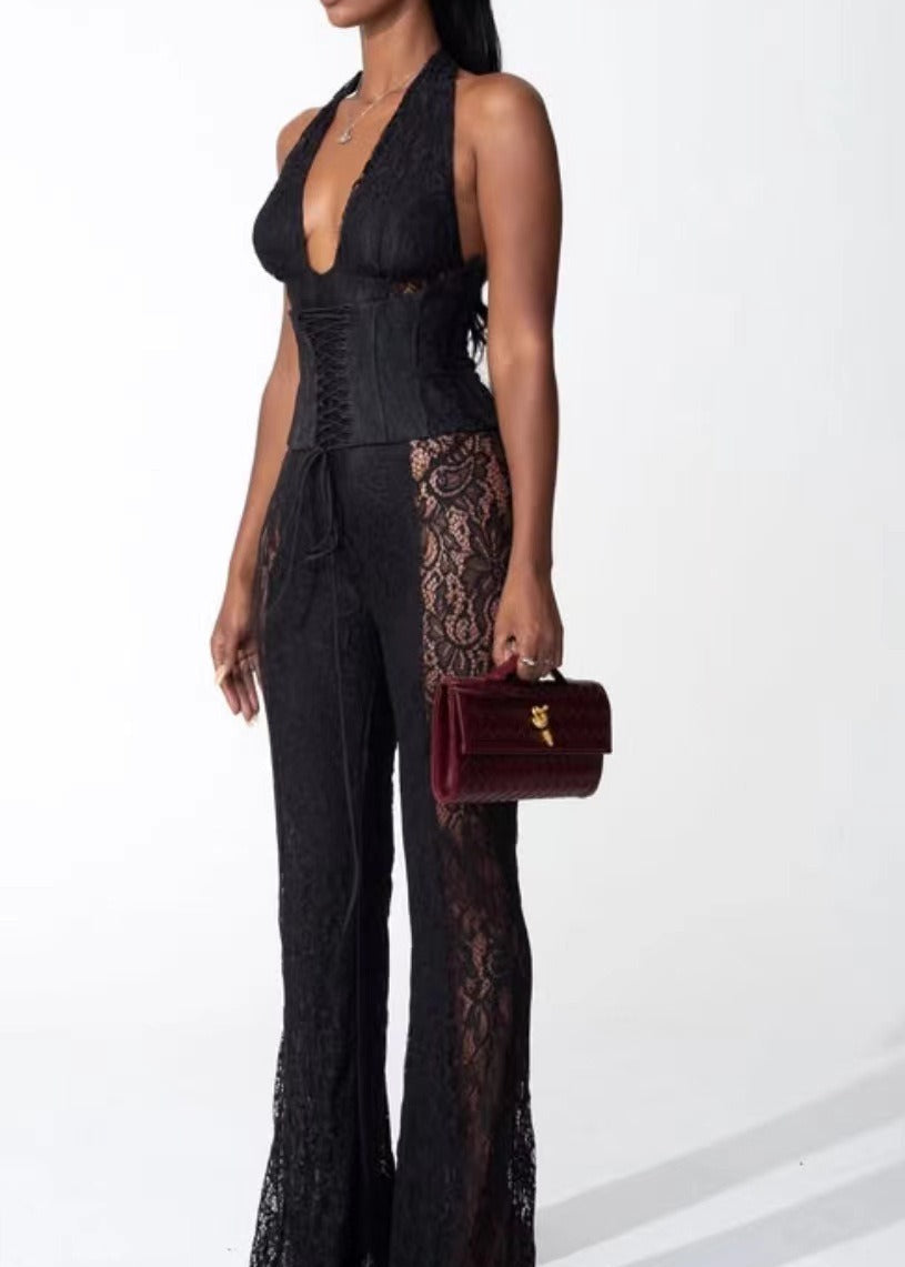 Feridun Plunge Feather Lace Maxi Dress