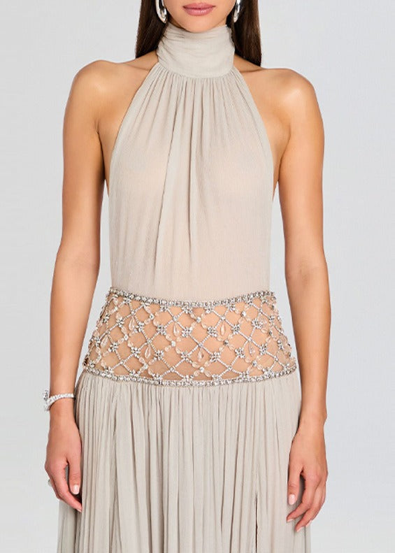 Fredrick Halterneck Ruched Crystal Split Maxi Dress