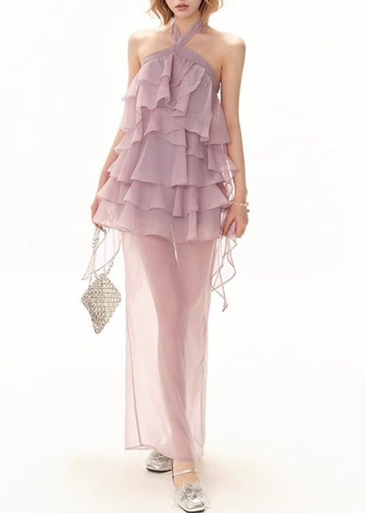 Kabibe Halter Neck Ruffle Mesh Mini Dress
