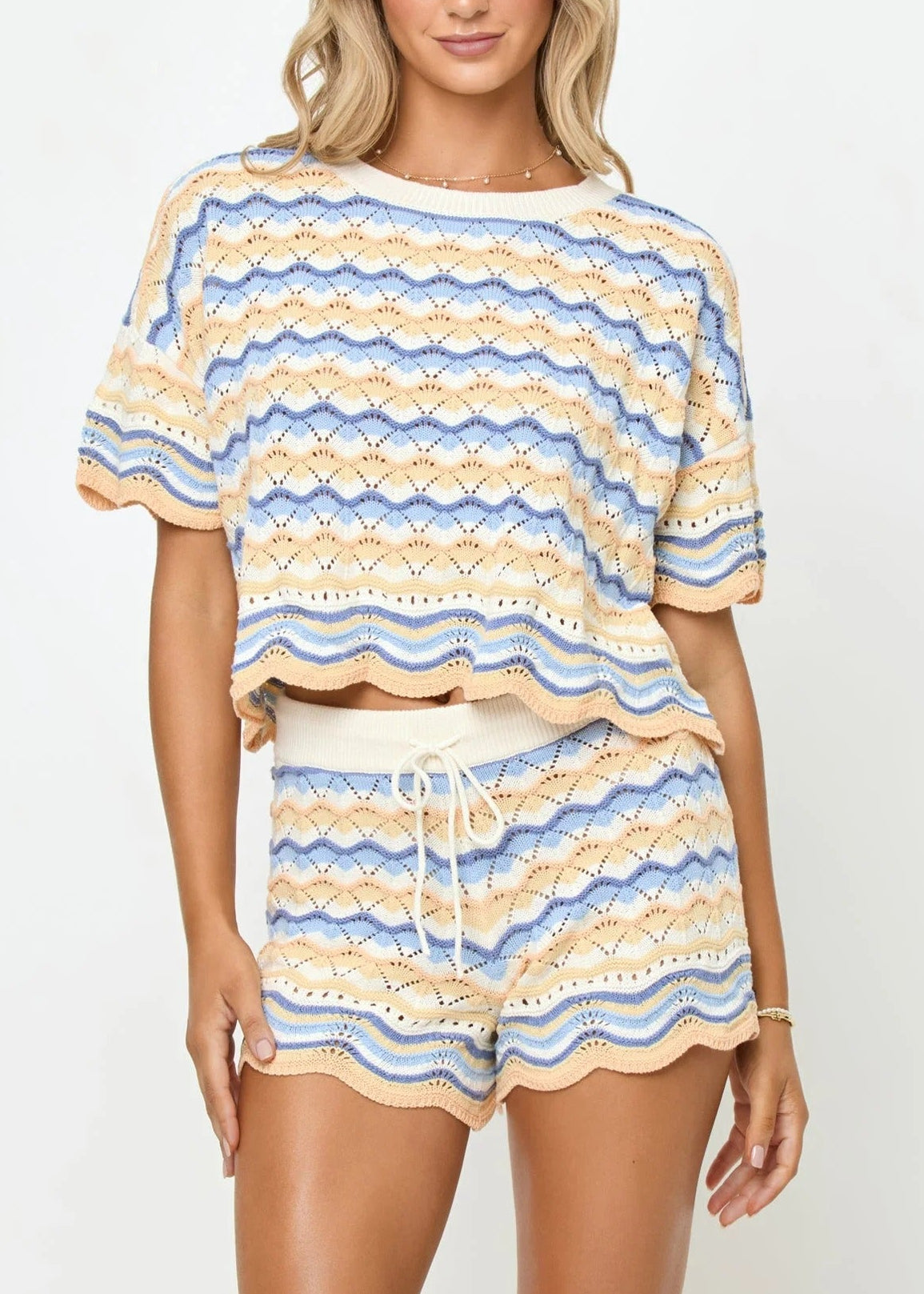 Heping Stripe Knit Shorts Set In Blue