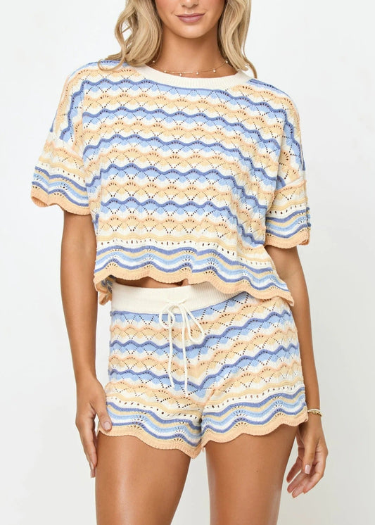 Heping Stripe Knit Shorts Set In Blue