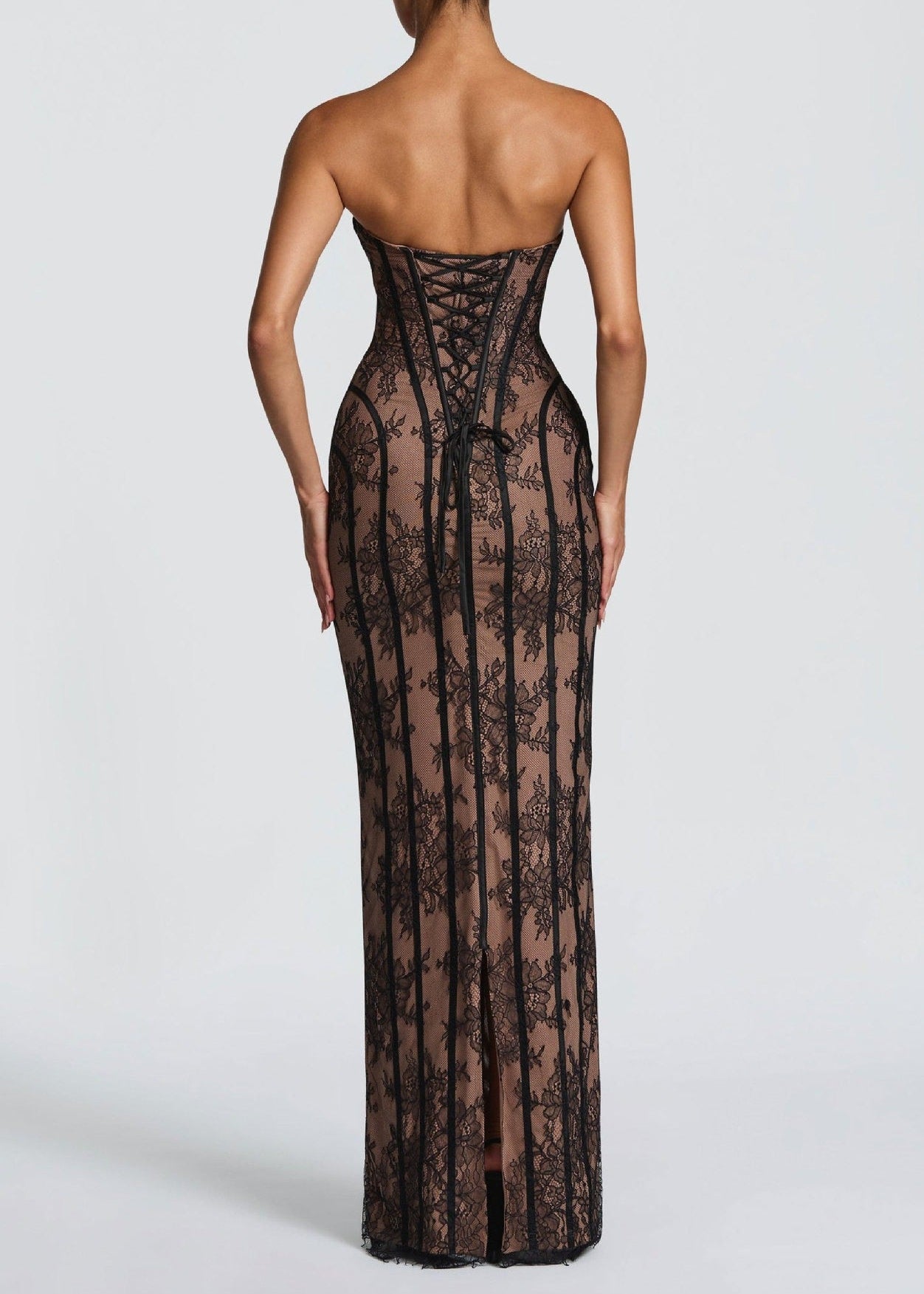 Haakon Strapless Lace Bodycon Maxi Dress In Black
