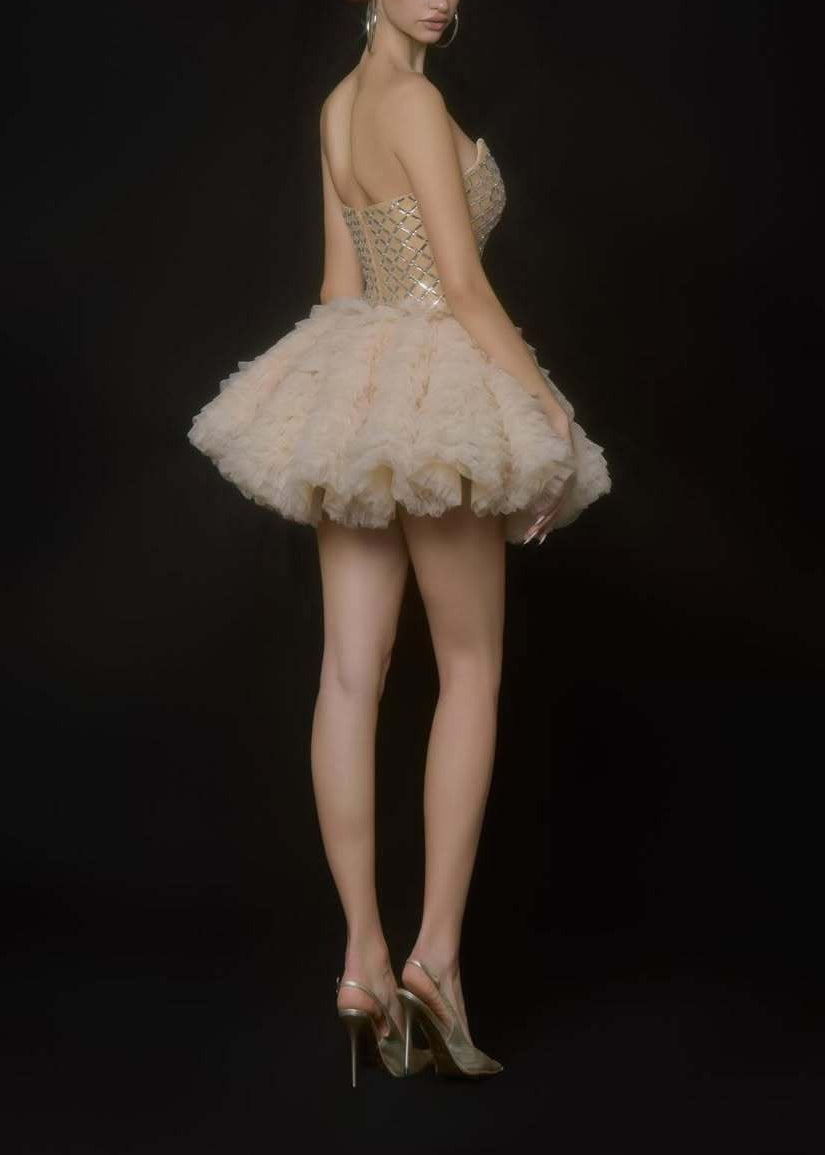 Kanaifu Strapless Rhinestone Puffy Mini Dress