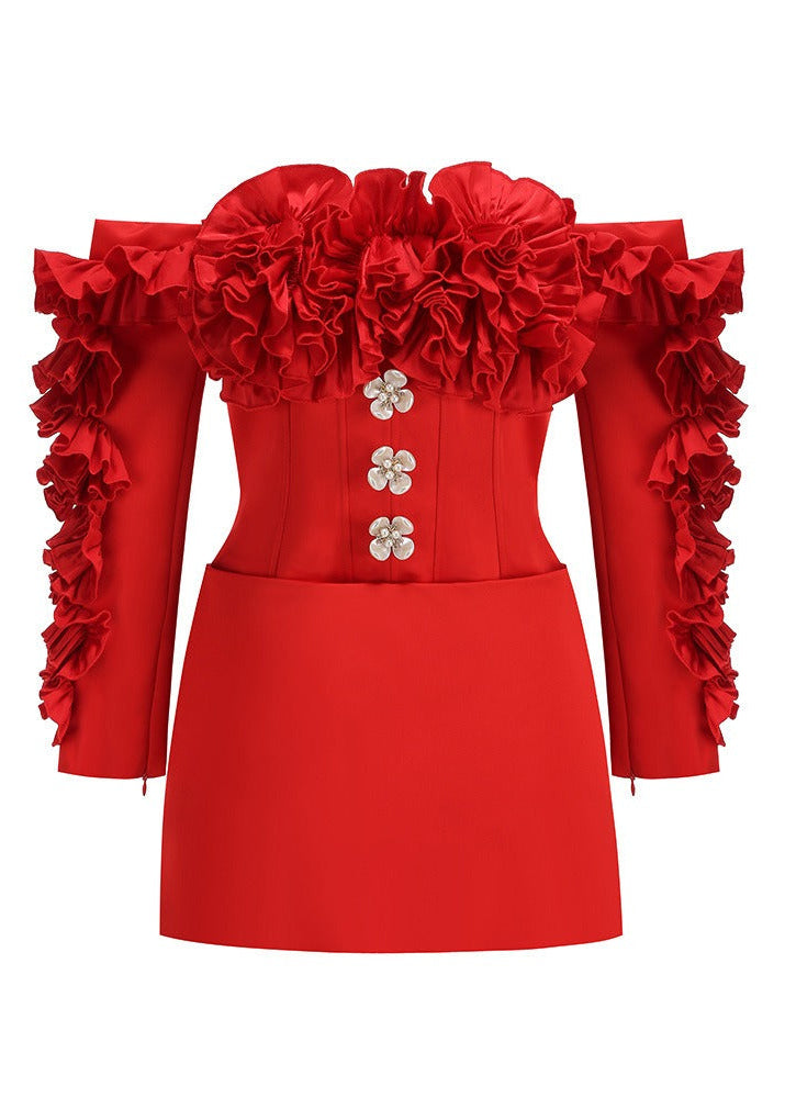 Francois Flower Off Shoulder Button Mini Dress