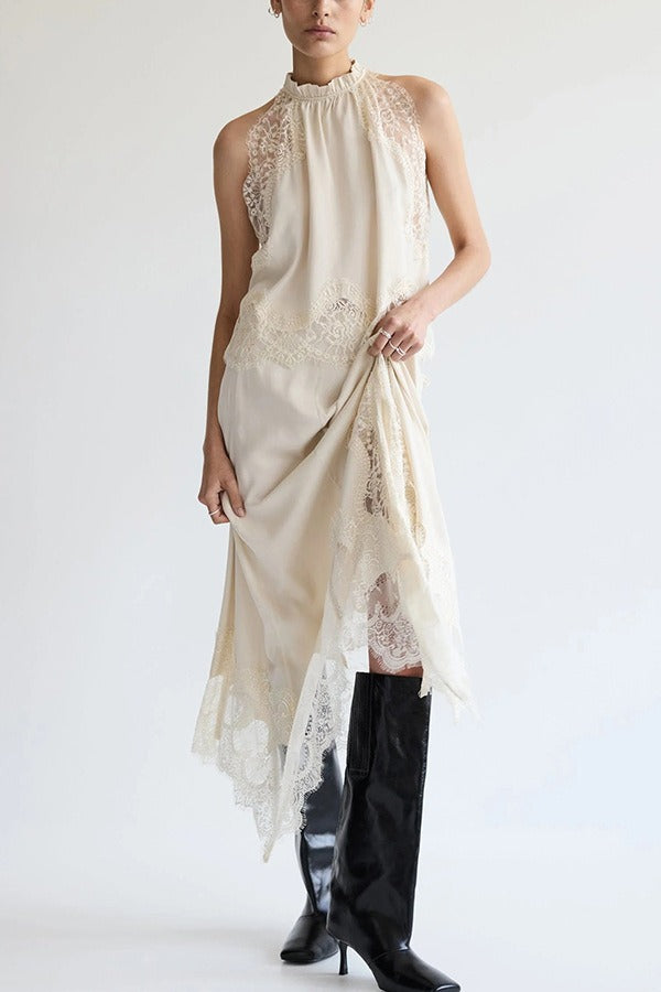 Fester Sleeveless Lace Skirt Set In White