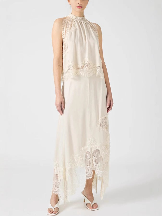 Fester Sleeveless Lace Skirt Set In White
