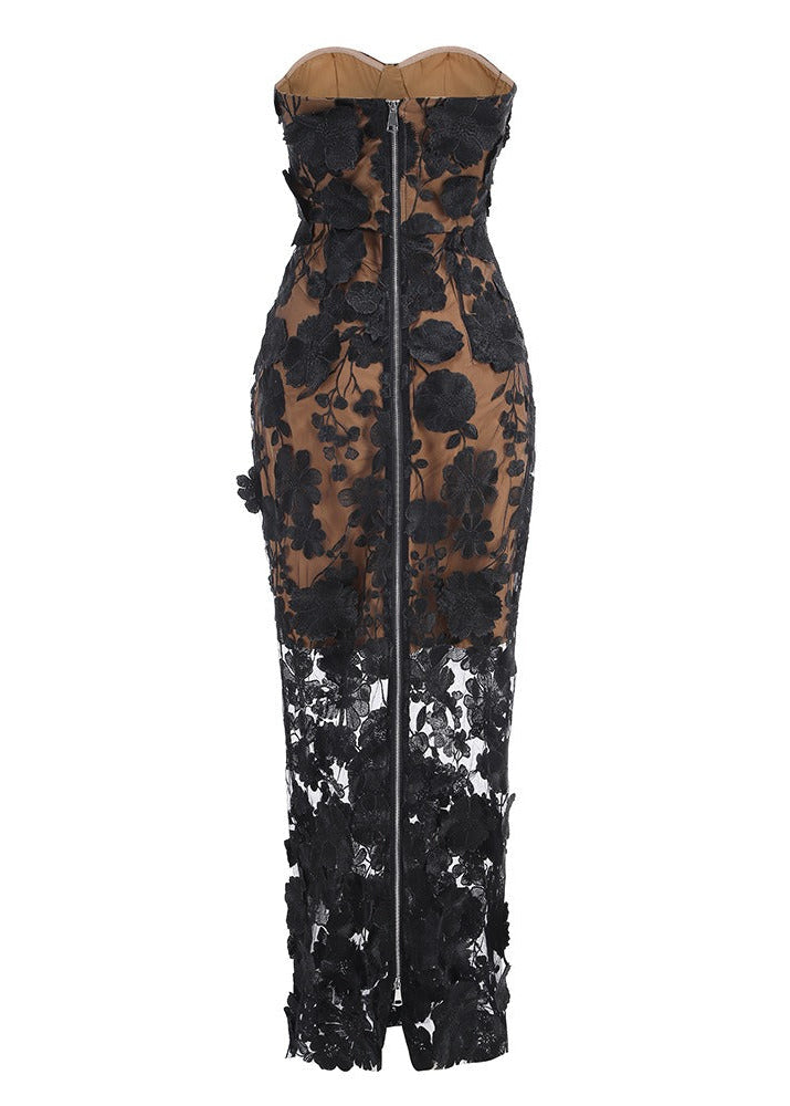 Denice Strapless Flower Maxi Dress In Black