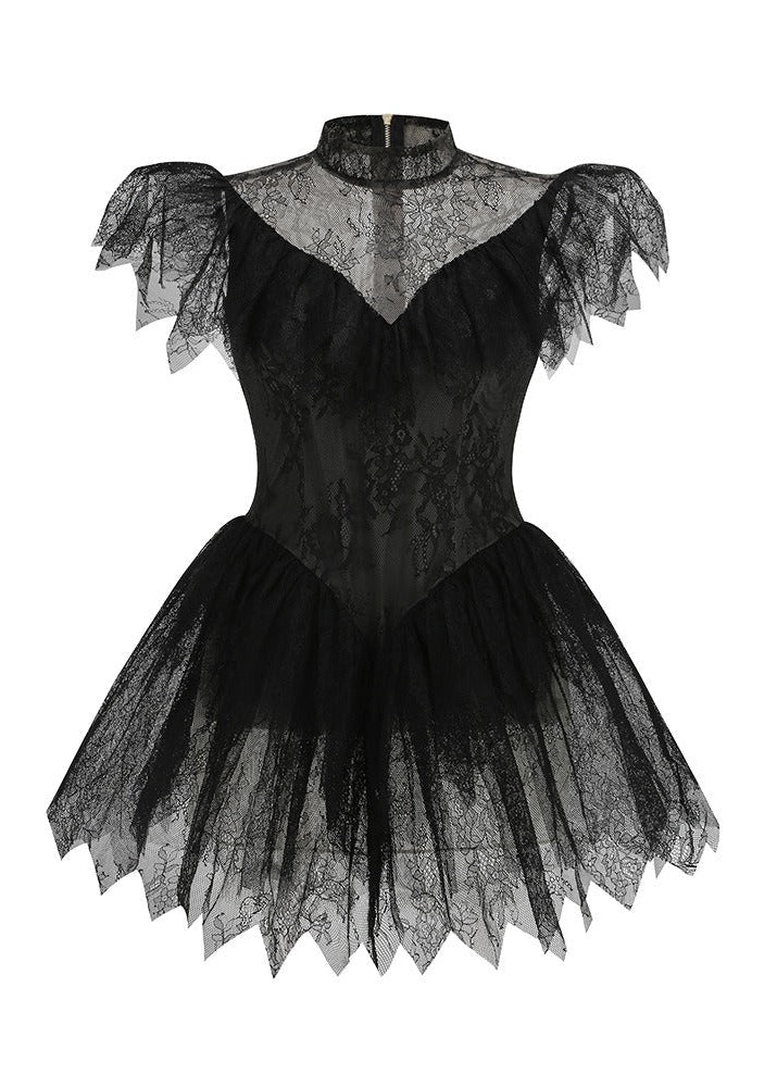 Ilyes Black Lace Turtleneck Mini Dress