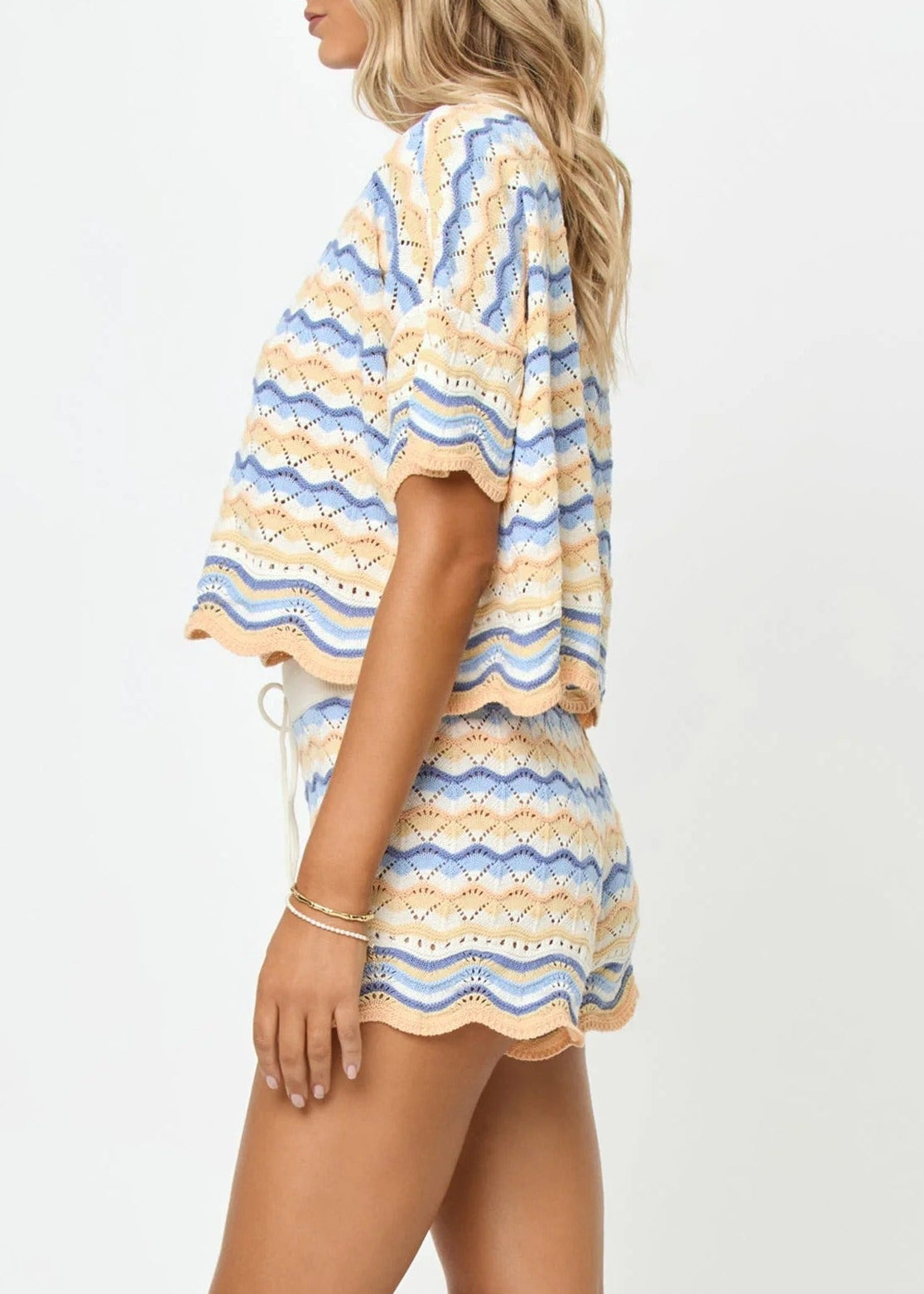 Heping Stripe Knit Shorts Set In Blue