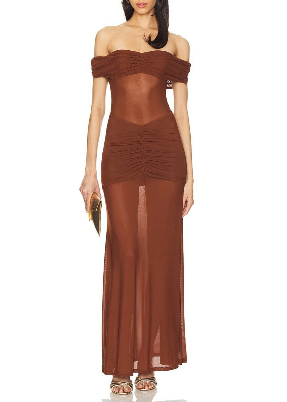 Franze Off Shoudler Mesh Ruch Maxi Dress