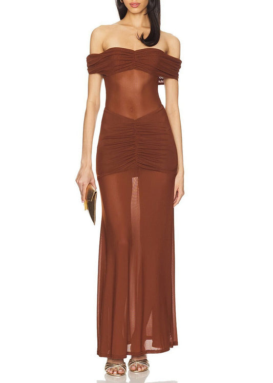 Franze Off Shoudler Mesh Ruch Maxi Dress