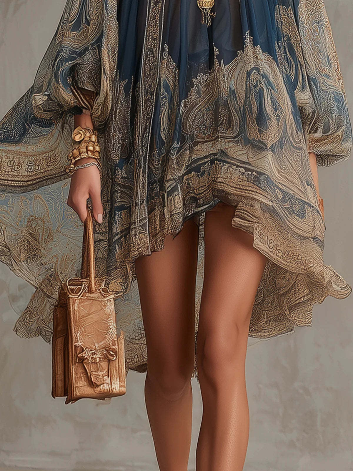Ilhami Bell Sleeve Print Ruffle Mini Dress In Dark Blue