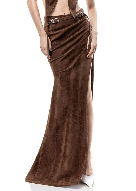 Errol Suede Asymmetric Maxi Skirt