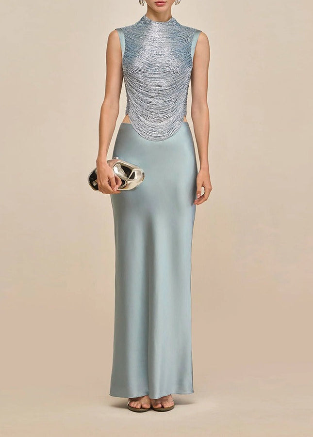 Fawzia Fringe Satin Skirt Set In Sky Blue