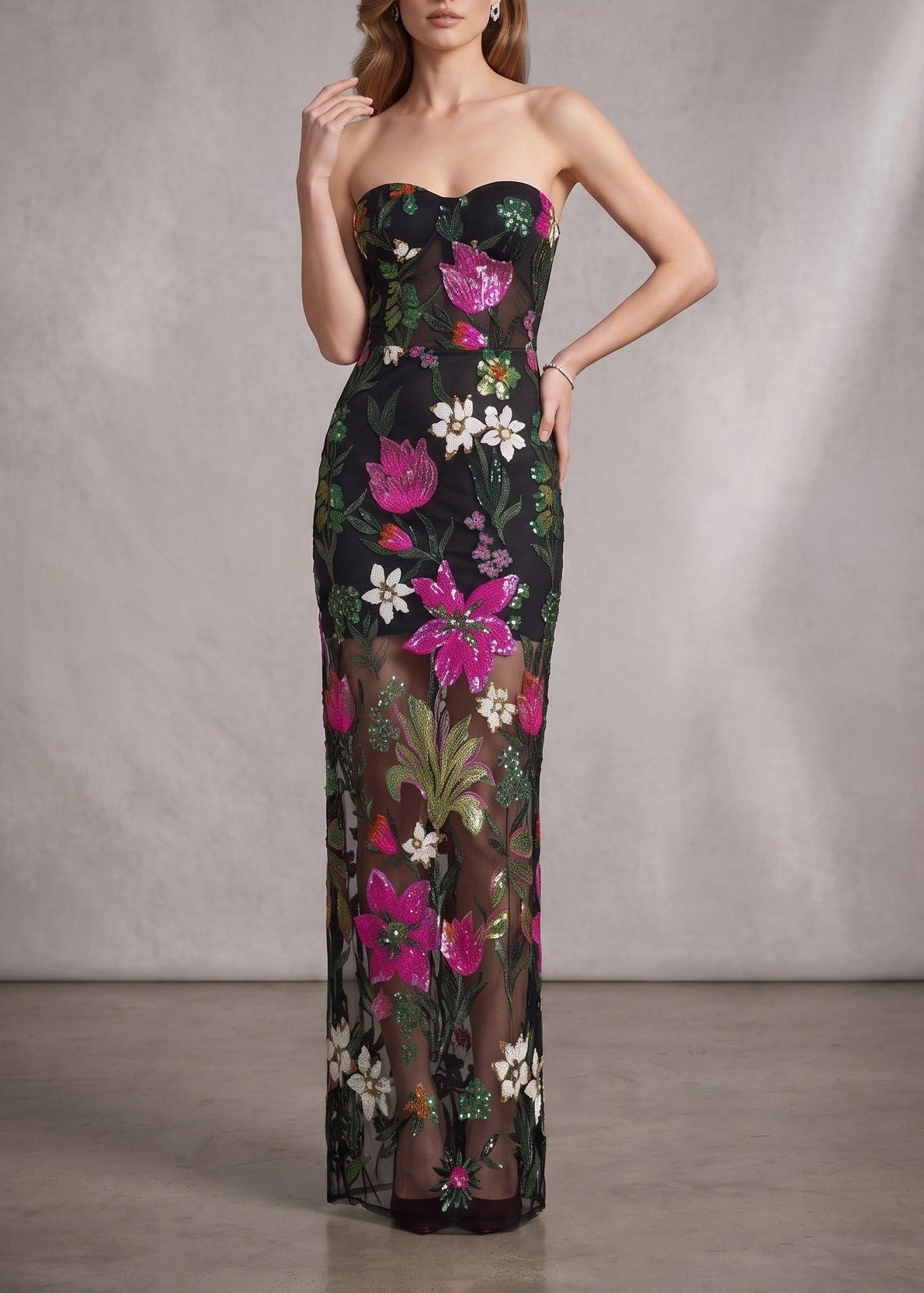 Denice Sequin Floral Mesh Maxi Dress