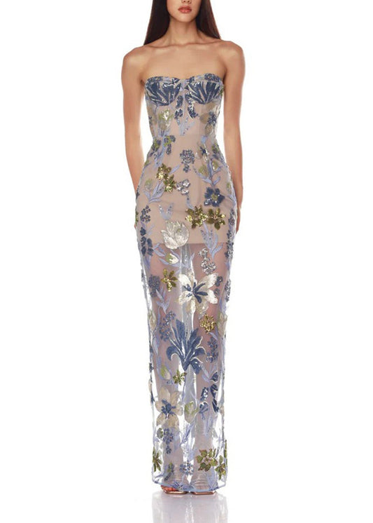 Denice Strapless Sequin Floral Maxi Dress