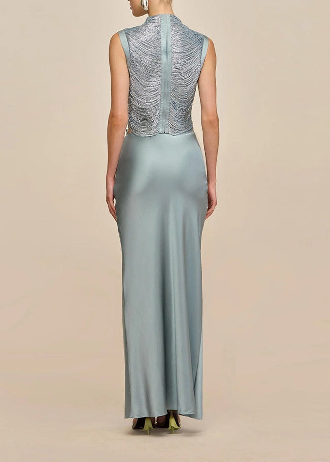 Fawzia Fringe Satin Skirt Set In Sky Blue