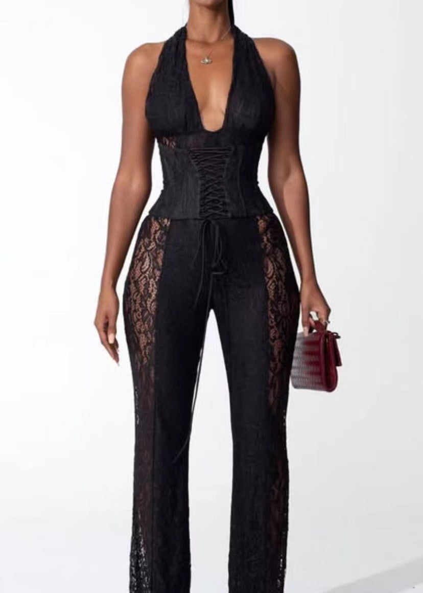 Feridun Plunge Feather Lace Maxi Dress