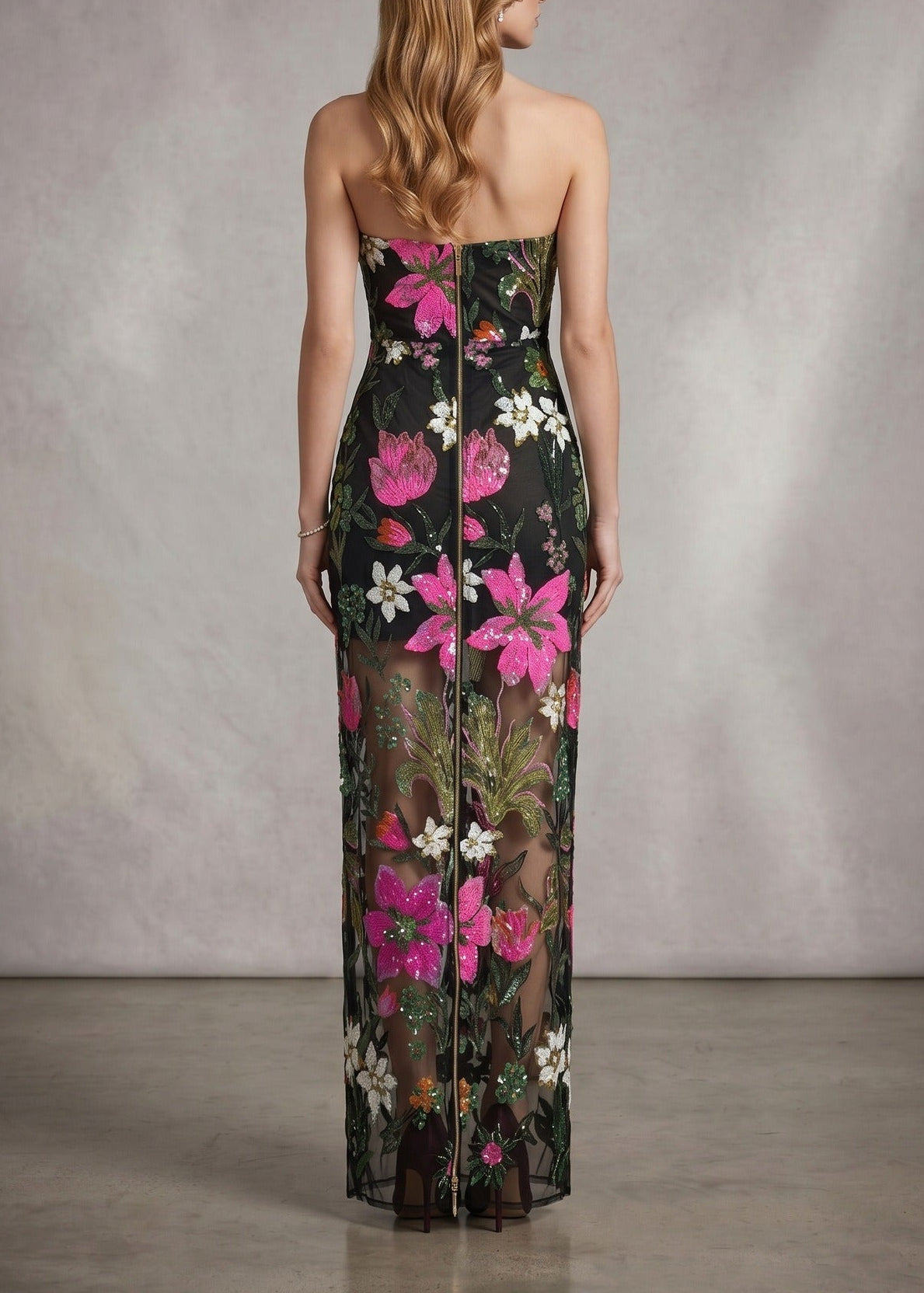Denice Sequin Floral Mesh Maxi Dress