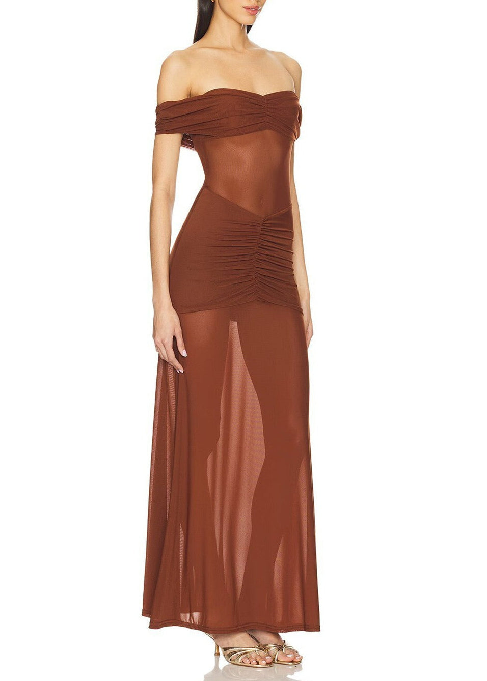 Franze Off Shoudler Mesh Ruch Maxi Dress
