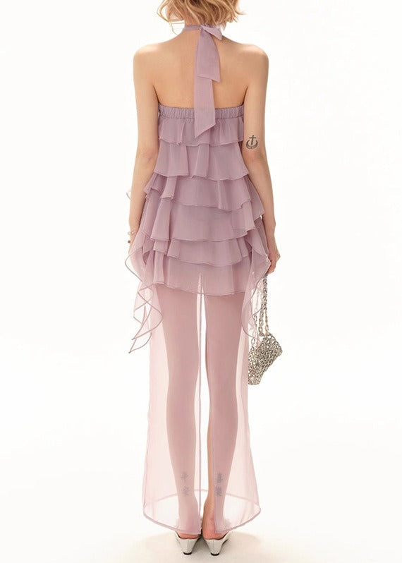 Kabibe Halter Neck Ruffle Mesh Mini Dress