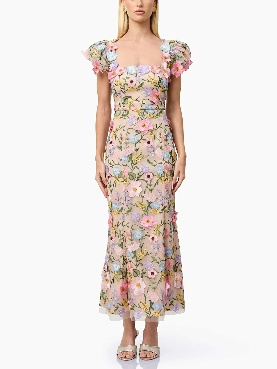 Kale Puff Sleeve Flower Maxi Dress