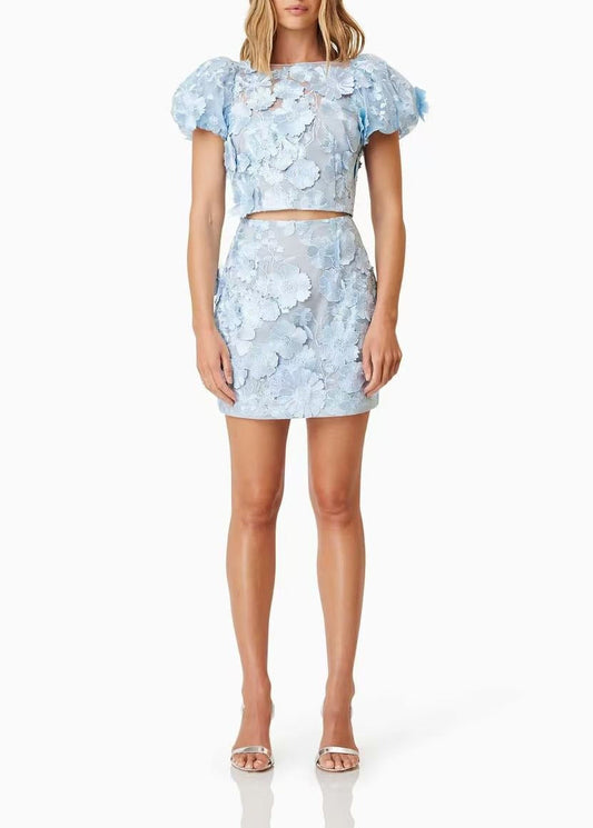 Kayaliya Puff Sleeve Flower Skirt Set